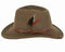 A brown wool outback hat with a decorative emblem on the front and a brown band.