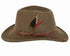 A brown wool outback hat with a decorative emblem on the front and a brown band.