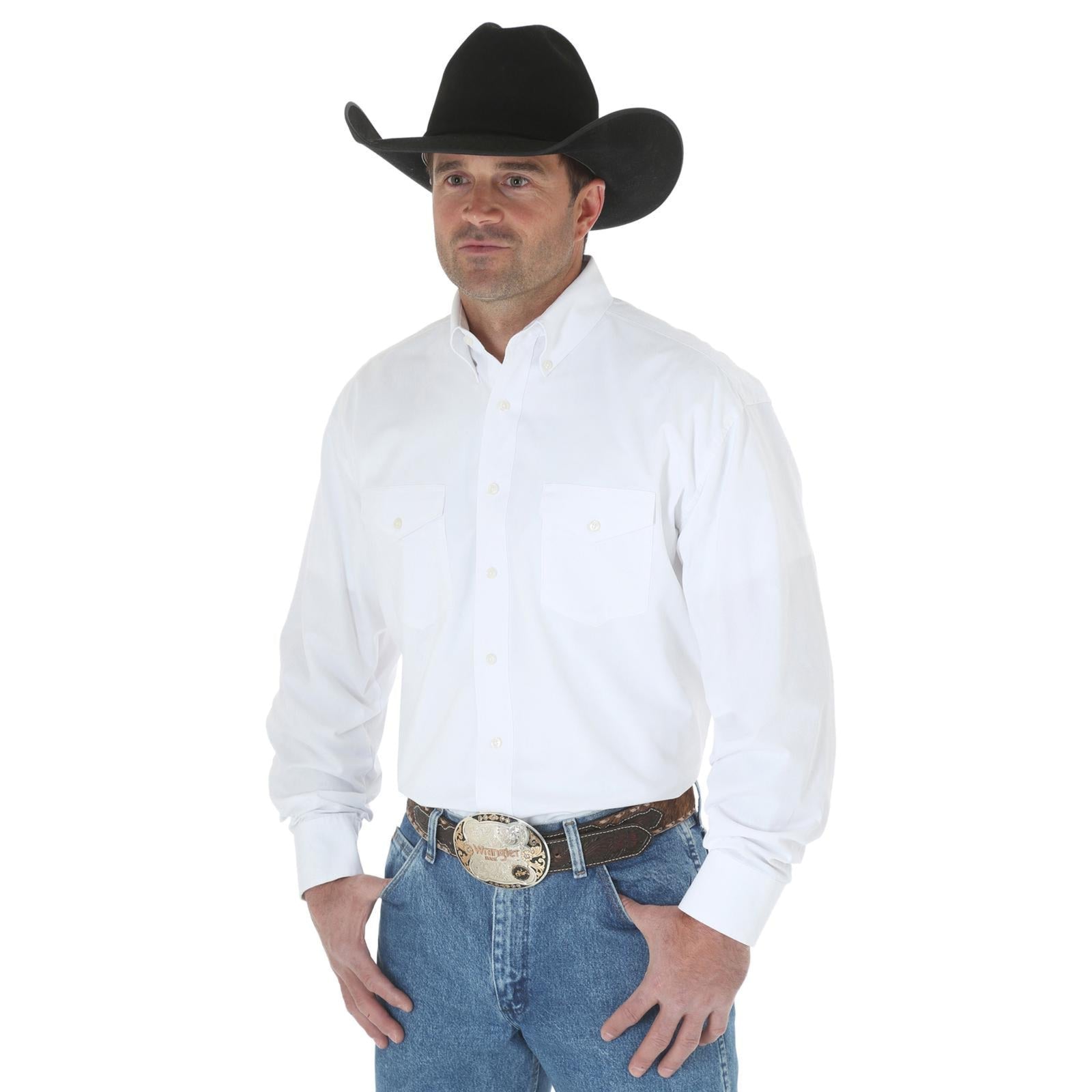 Mens White button down long sleeve shirt with western yoke