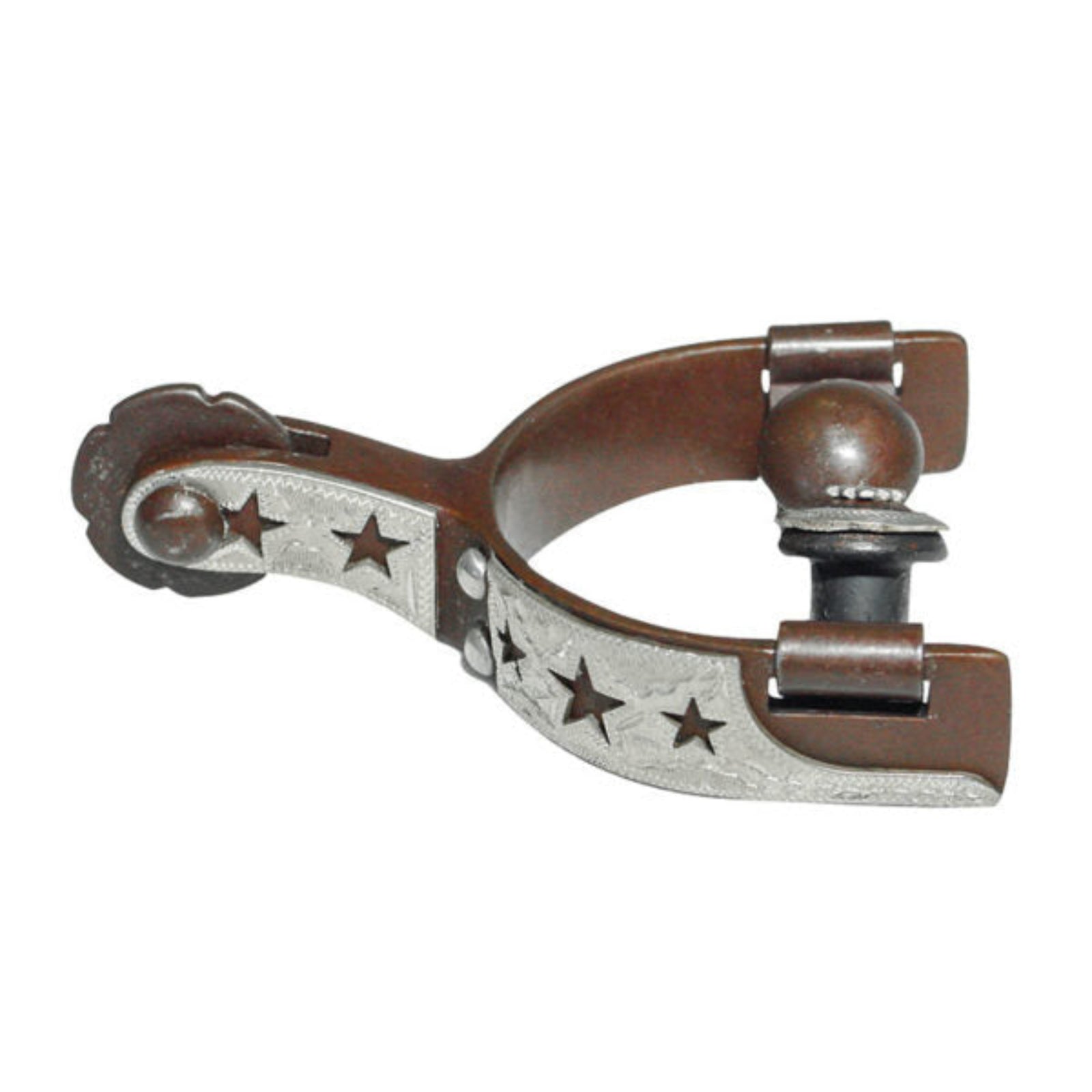 Brown and silver spur with star designs 