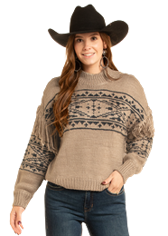 Ladies Taupe Sweater with aztec design and fringe on sleeves