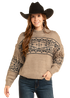 Ladies Taupe Sweater with aztec design and fringe on sleeves