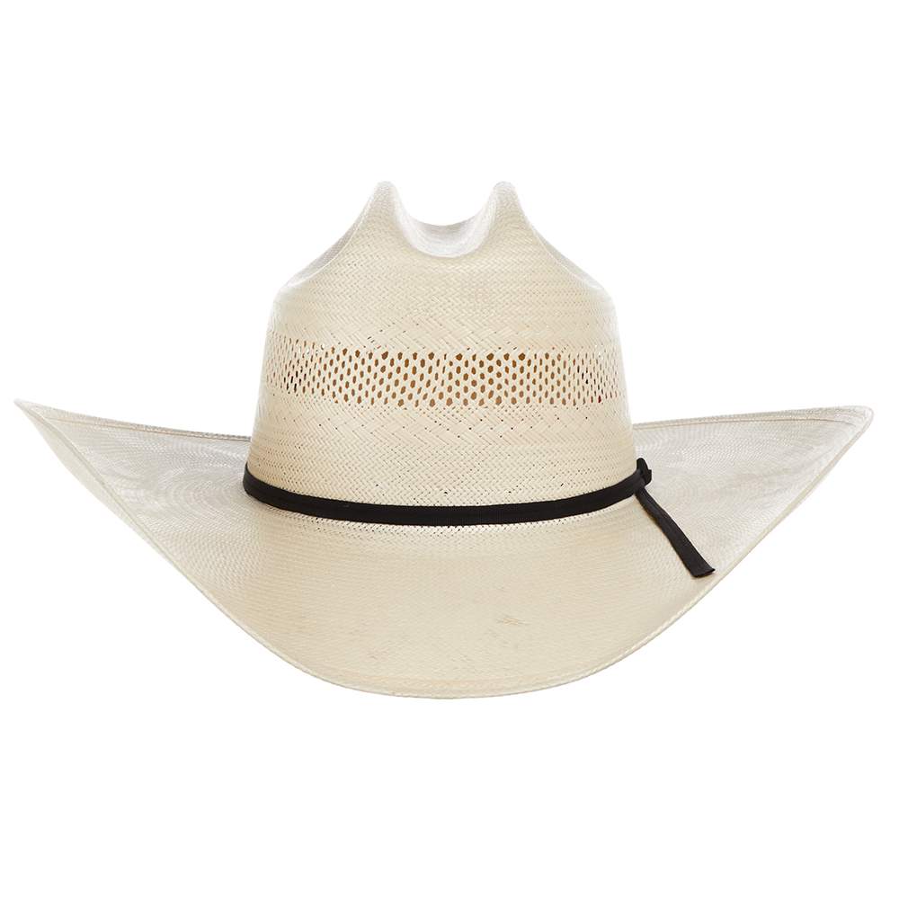 A Resistol brand straw cowboy hat with a 4-inch brim, a cattleman crown, and a black USTRC pin on the hat band.