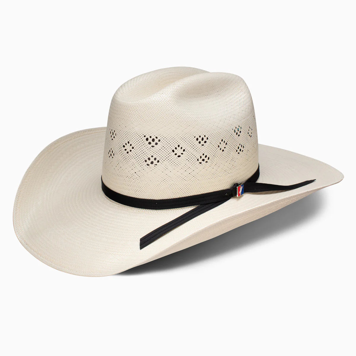 A Resistol 20X Cody cowboy hat with a white straw texture and a black band around the crown.