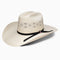 A Resistol 20X Cody cowboy hat with a white straw texture and a black band around the crown.