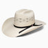A Resistol 20X Cody cowboy hat with a white straw texture and a black band around the crown.