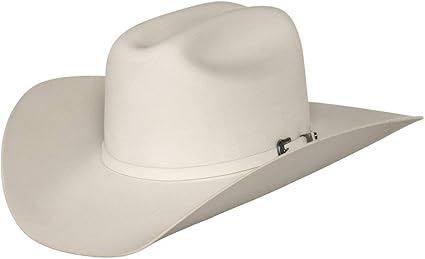 A white felt cowgirl hat with a buckle closure and a leather sweatband.