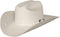 A white felt cowgirl hat with a buckle closure and a leather sweatband.