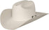 A white felt cowgirl hat with a buckle closure and a leather sweatband.