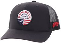 Black cap with a logo featuring an American flag on a white background