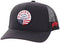 Black cap with a logo featuring an American flag on a white background