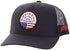 Black cap with a logo featuring an American flag on a white background