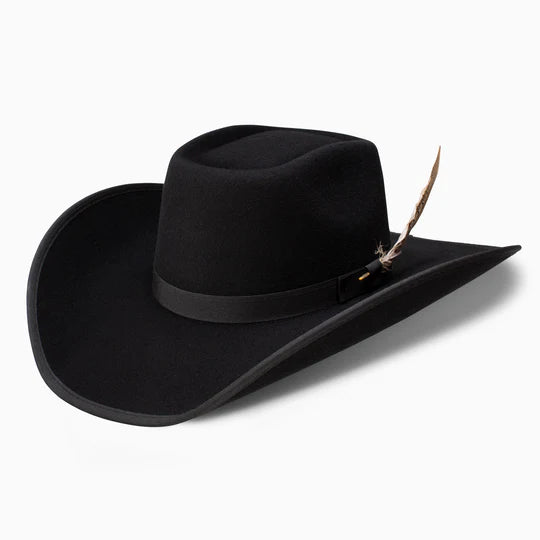 A Resistol Holt Jr. Youth Black cowboy hat with a feather detail on the band.