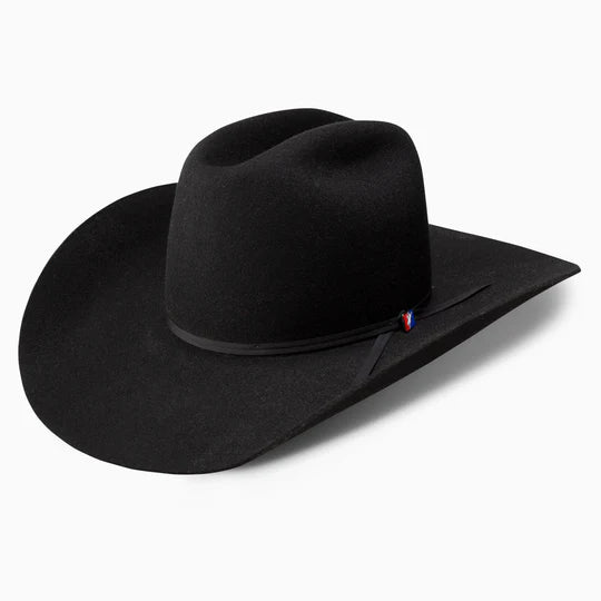 A Resistol Statler 4X Wool cowboy hat with a black color and a leather sweatband.