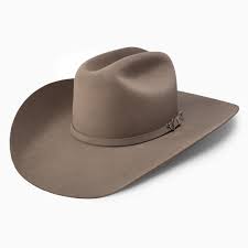 A Resistol stone-colored cowboy hat and a pin decoration on the side.