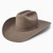 A Resistol stone-colored cowboy hat and a pin decoration on the side.