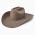 A Resistol stone-colored cowboy hat and a pin decoration on the side.
