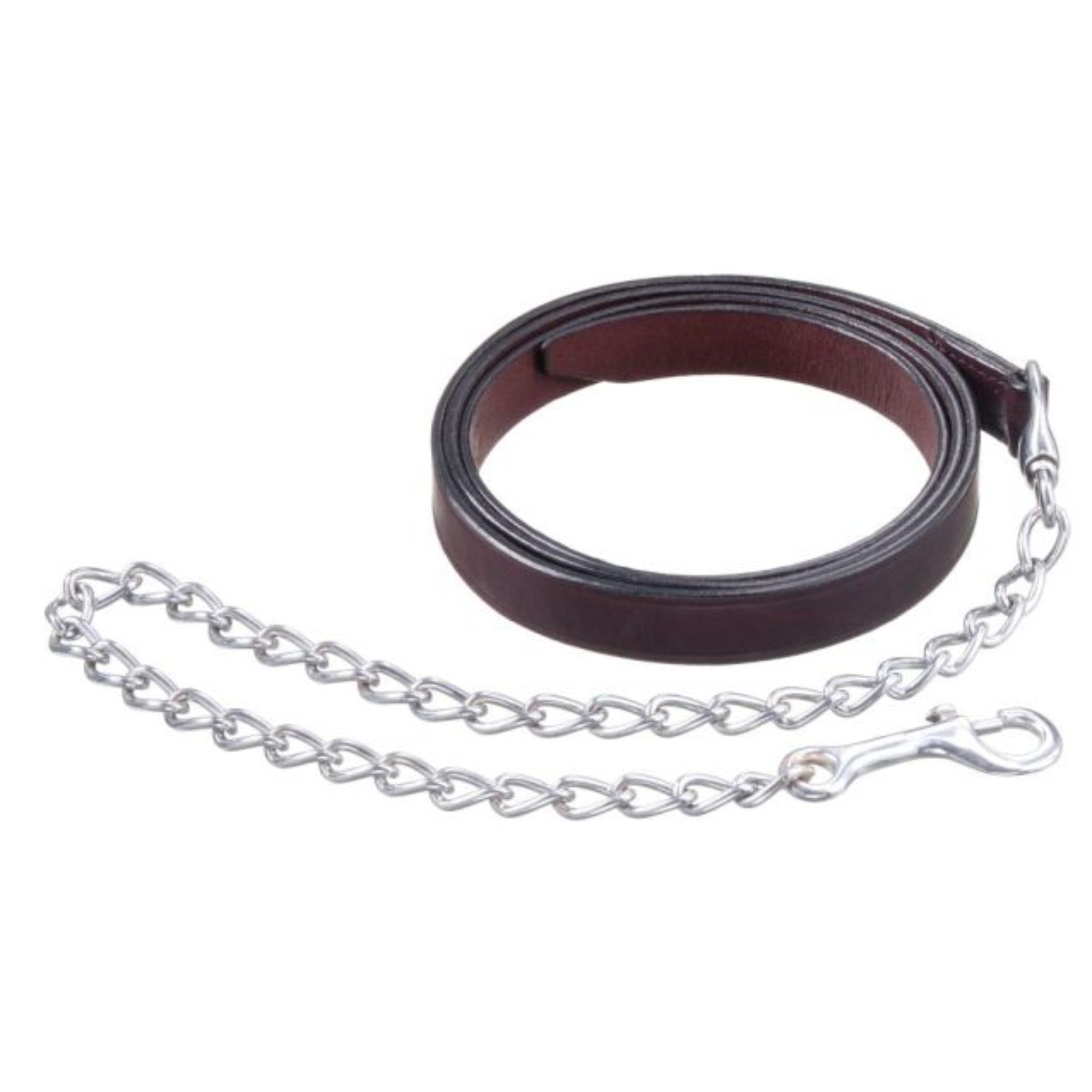 Brown leather strap with silver chain on 