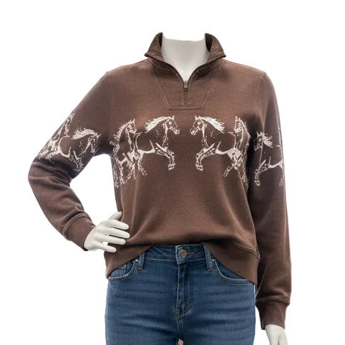 Ladies 1/4 zip Brown pullover with white horses