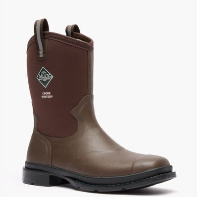 Brown rubber boot with a visible brand logo 