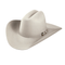 A beige cowboy hat with a silverbelly color and a 4-inch brim, featuring a decorative band.