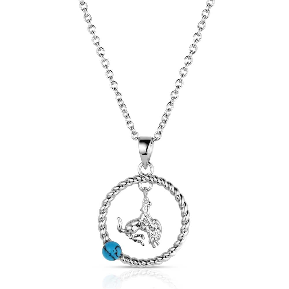 Silver necklace with a circular pendant featuring a horse and a blue gemstone 
