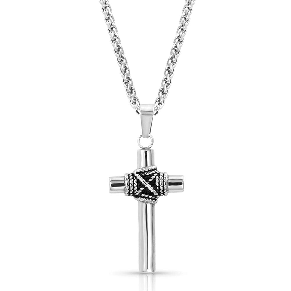 A silver-tone cross necklace pendant with rope detail wrapped around the center, displayed on a 28-inch chain.