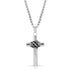 A silver-tone cross necklace pendant with rope detail wrapped around the center, displayed on a 28-inch chain.