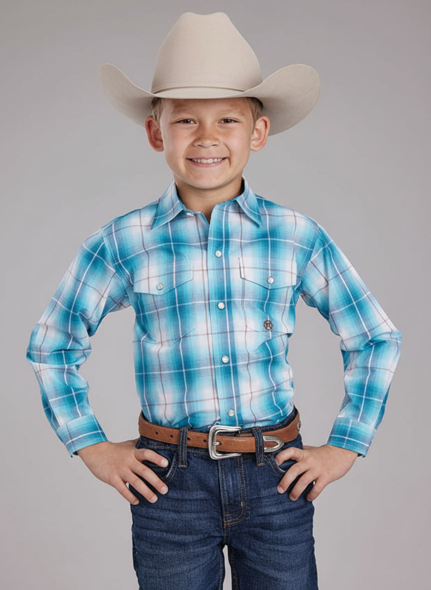 boys long sleeve snap blue plaid western shirt