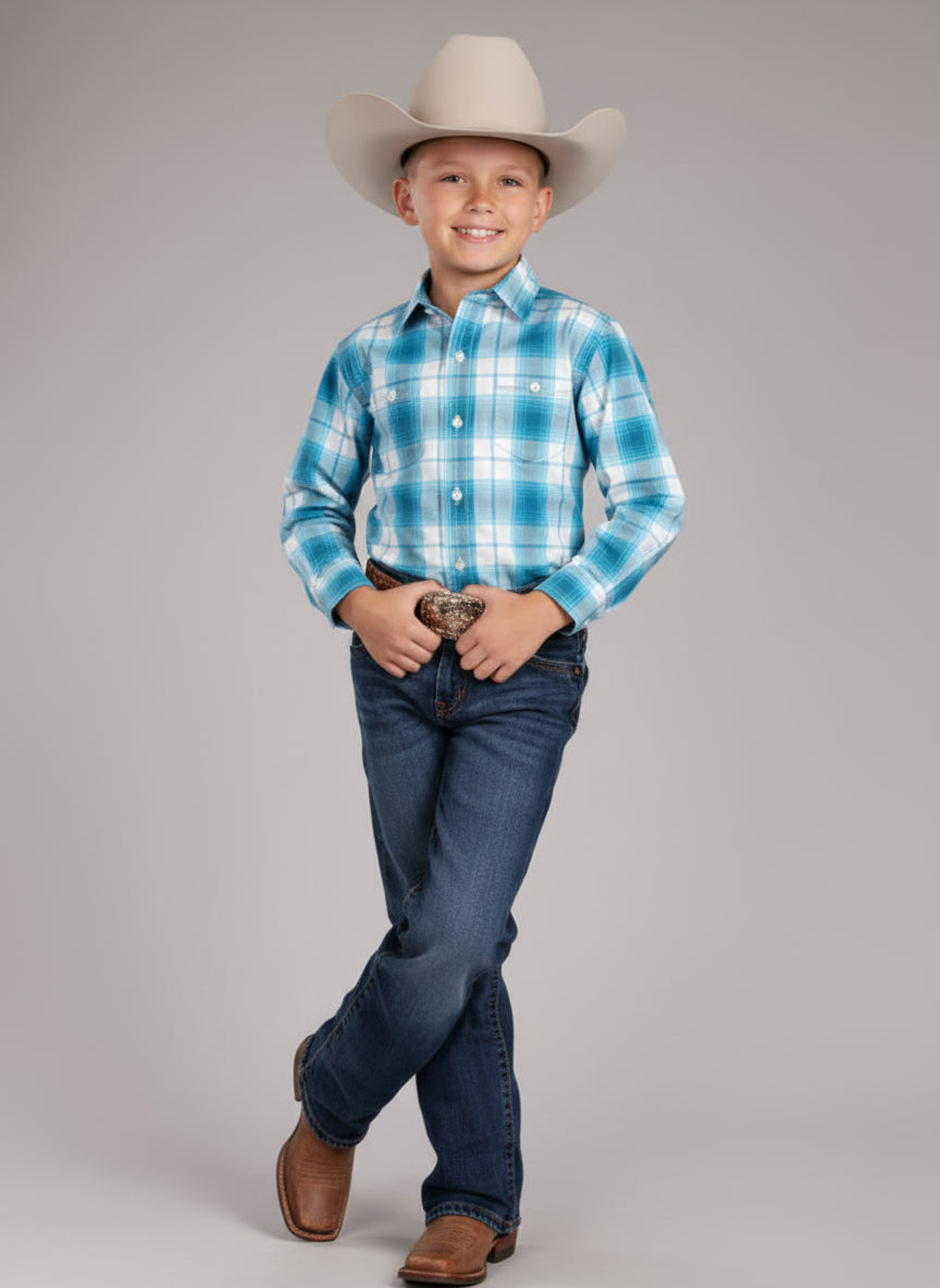Roper Boys LS Blue Sky Plaid Shirt