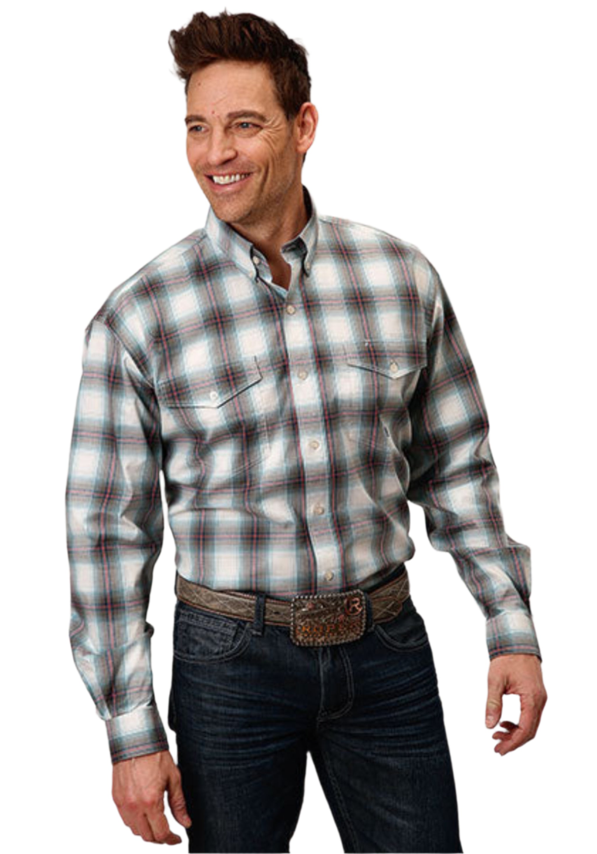 Plaid olive green button down long sleeve western shirt