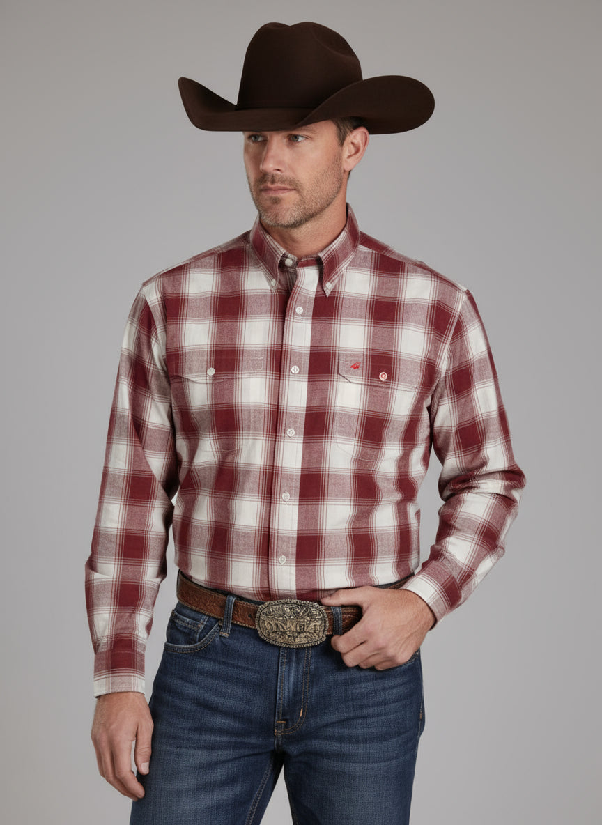 mens long sleeve red plaid western shirt