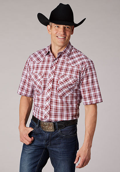 mens short sleeve red plaid shirt