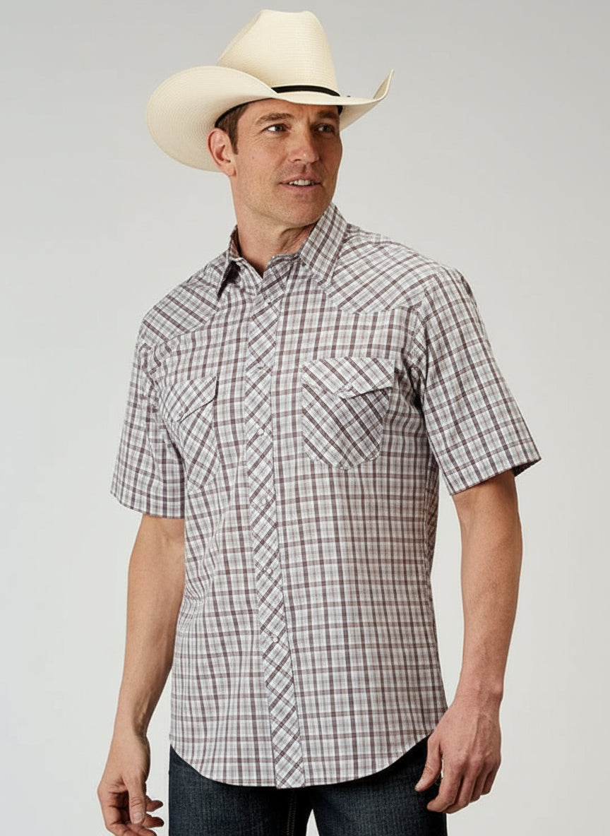 mens short sleeve plaid button down western shirt