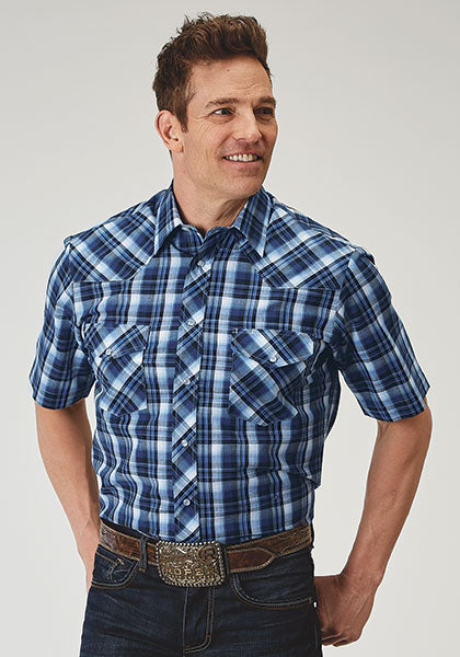 mens blue plaid short sleeve snap shirt