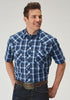 mens blue plaid short sleeve snap shirt