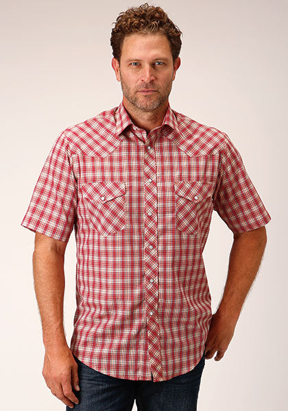 mens short sleeve red plaid western shirt
