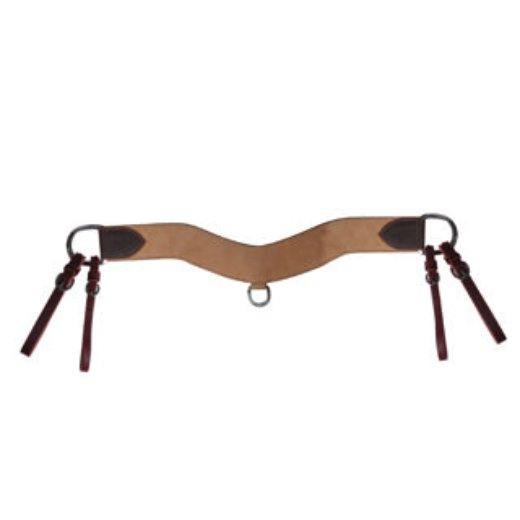 A brown leather breast collar with burgundy latigo and stainless steel hardware.
