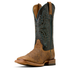 Brown cowboy boot with intricate black and green stitching 