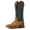 Brown cowboy boot with intricate black and blue embroidery