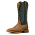 Brown cowboy boot with intricate black and blue embroidery