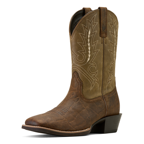 Brown cowboy boot with intricate stitching 