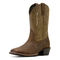 Brown cowboy boot with intricate stitching 