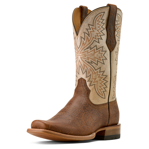 Brown and beige cowboy boot with intricate patterns 