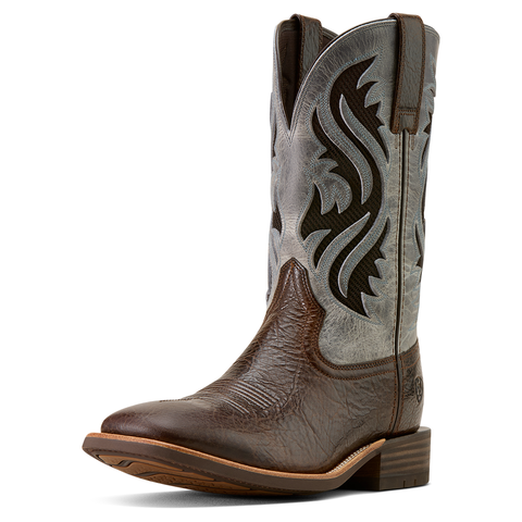 Brown and gray cowboy boot with intricate design 
