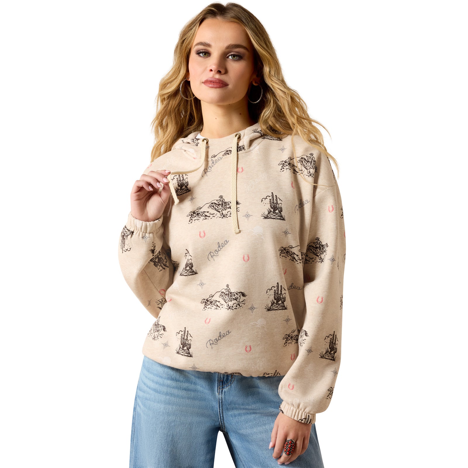 Wms Essential Oatmeal Heather Hoodie with western scenes