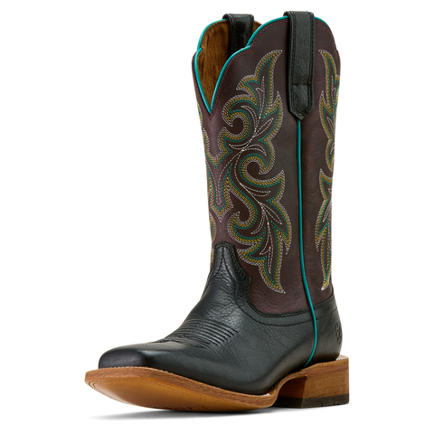 Cowboy boot with intricate brown and green embroidery 