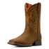 Brown cowboy boot with intricate stitching 