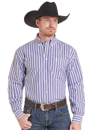 Mens LS Button Down Blue Stripe Cowboy Shirt