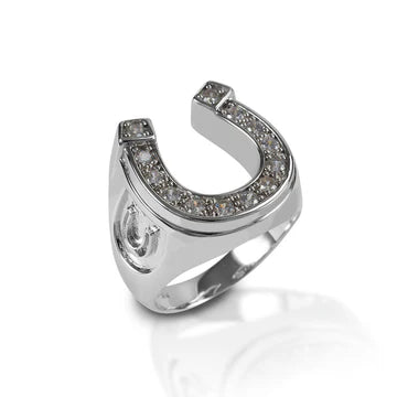 Silver horseshoe-shaped ring with embedded stones 